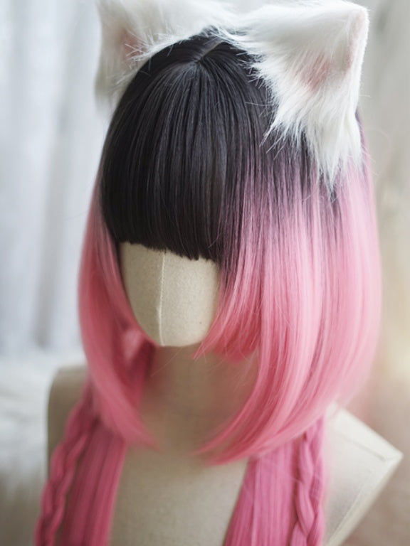 Milchweiß/Karamell/Orange/Pink &amp; Schwarz, hüftlange, glatte Perücke mit vollem Pony