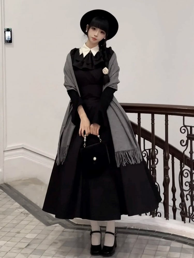 Juliette Lolita High Blouse White Waist Boned Sleeves Set Black Gothic + Corset Skirt Tie Jabot