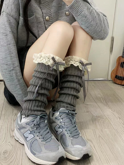 Off-white Sweet Bowknot Lace Trim Leg Warmers