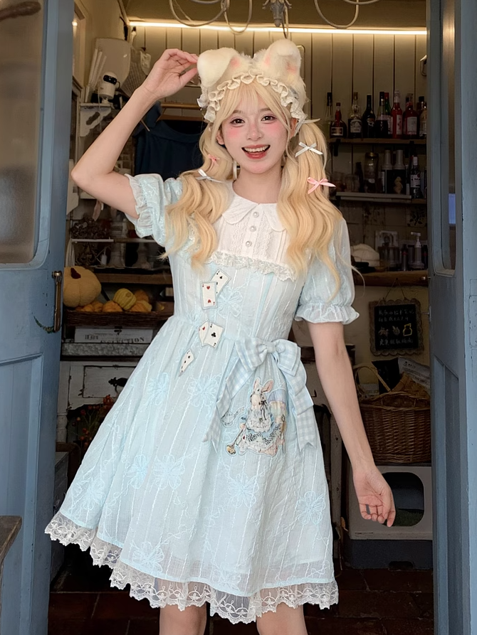 Embroidery Blue Puff Sleeves Dress in Wonderland Vibes Bunny Alice