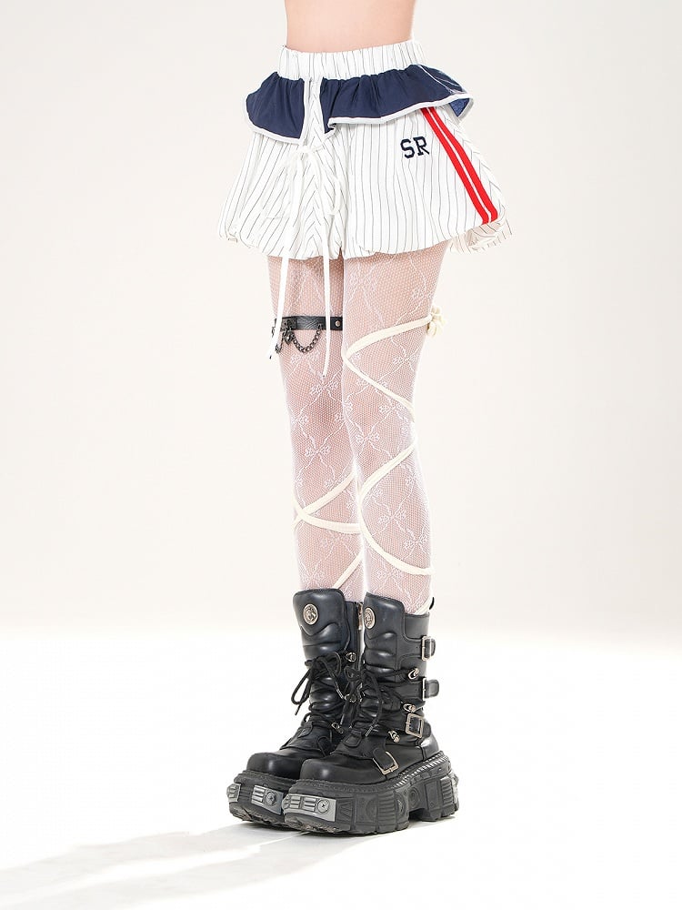 Foldover Design White Striped Bubble Skirt Self-tie