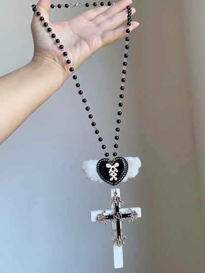 Black & White Y2K Heart Wing Cross Necklace - Kiwi Store