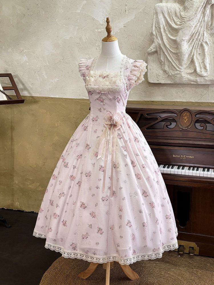 Graceful Pink Floral Lace JSK Dress with Brooch Set