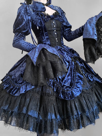 Dunkelblaues, abnehmbares Samtoberteil mit langen Glockenärmeln und Schlangenknochen-Stickerei