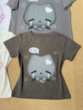 Cotton Crying Design Cat T-shirt Crewneck with Print Slim-fitting Gray