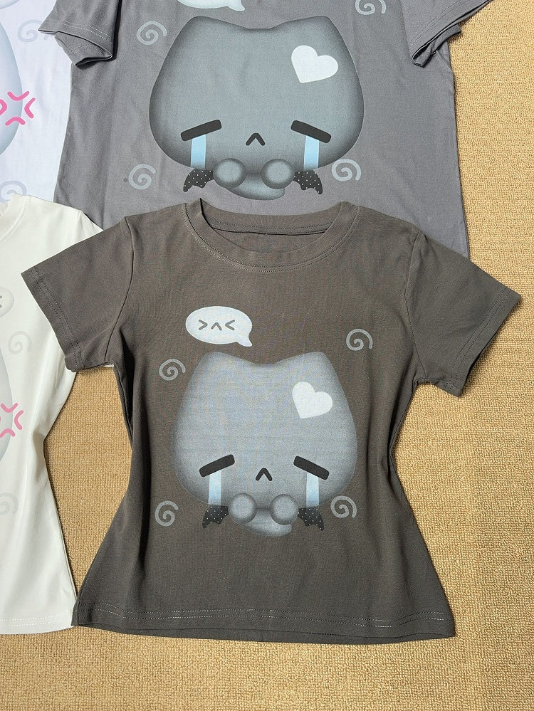 Cotton Crying Design Cat T-shirt Crewneck with Print Slim-fitting Gray
