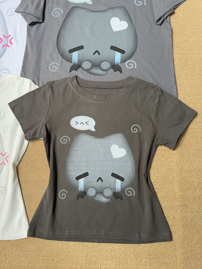 Cotton Crying Design Cat T-shirt Crewneck with Print Slim-fitting Gray