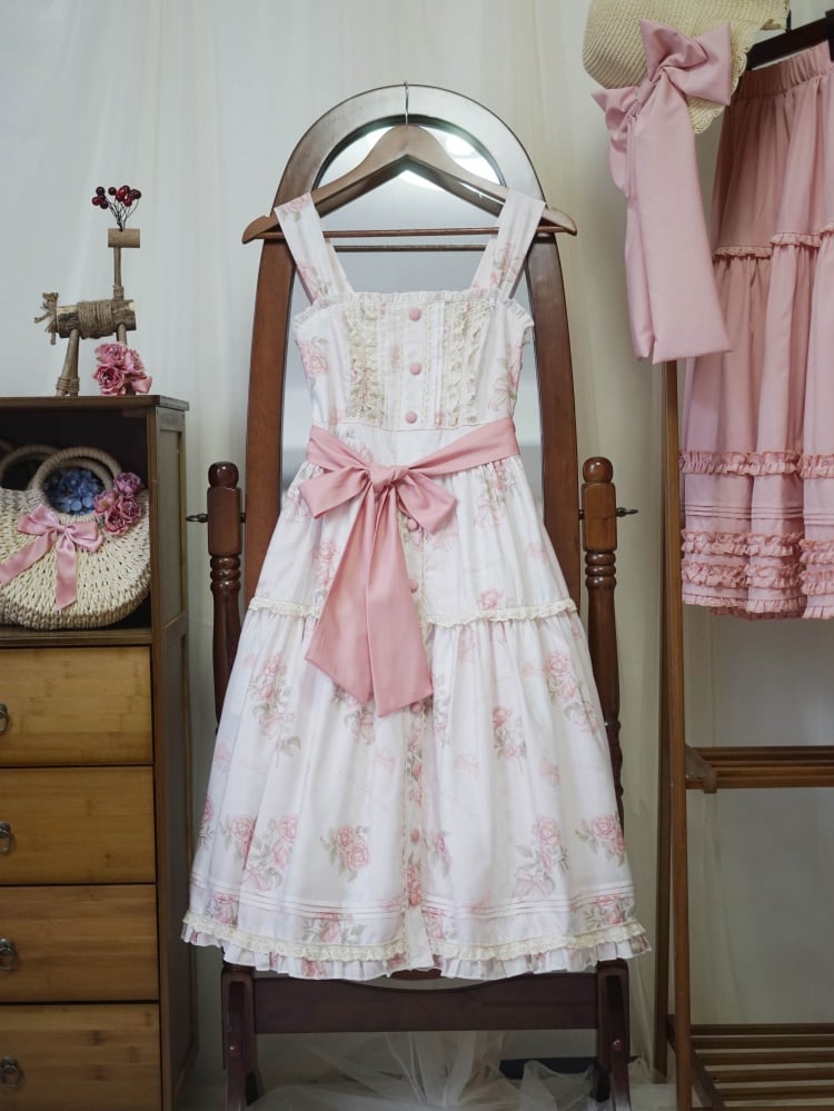 Pink Rosette Print Natural Kei Summer Floral Dress Front Button Placket Hem Lolita Jumper Skirt