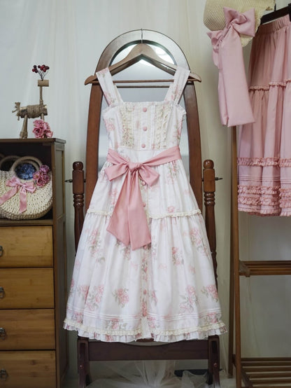Pink Rosette Print Natural Kei Summer Floral Dress Front Button Placket Hem Lolita Jumper Skirt