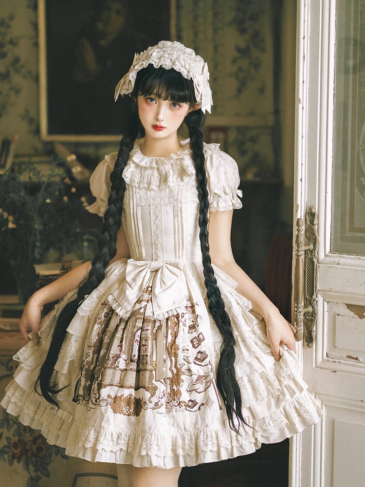 Bunny Print Ruffle Neckline Dress with Lace Details - NnSTAR