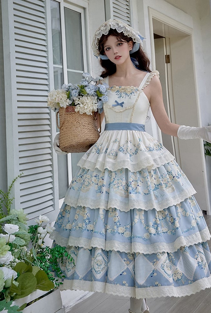 Classic Lolita Blue Skirt Dress Daisy Basket Tiered Jumper Floral Print and Flower