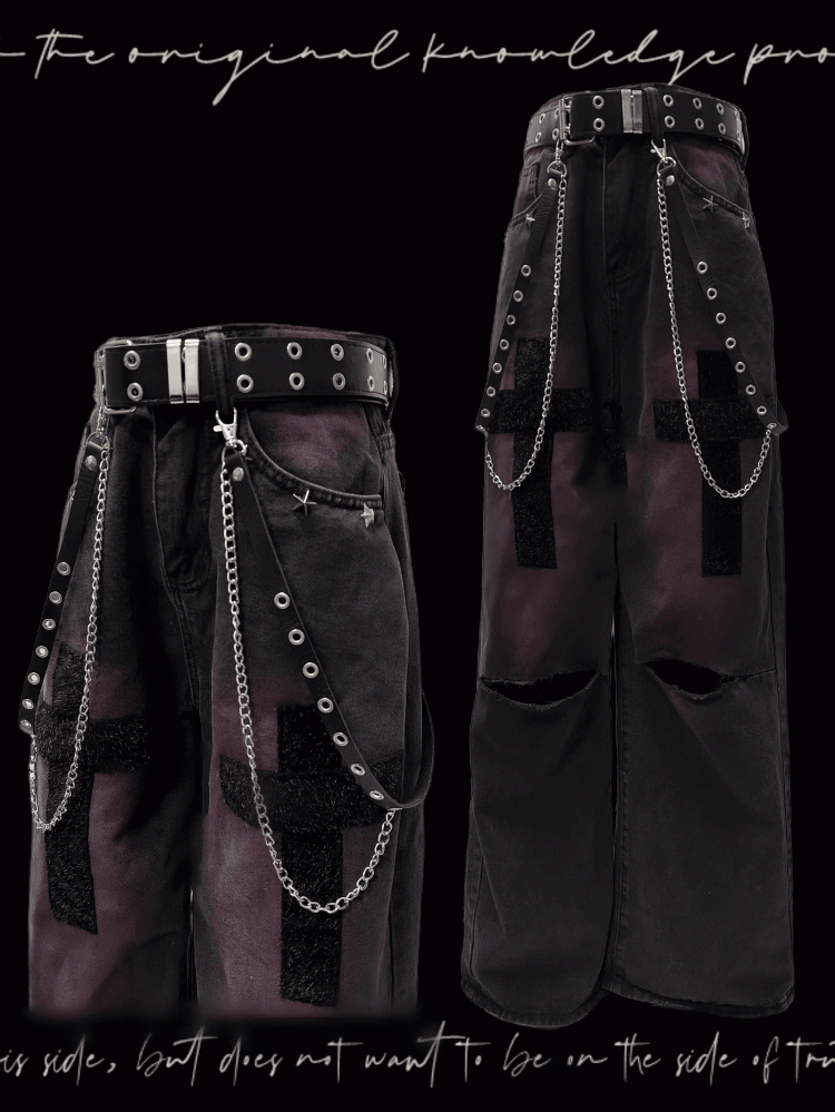 Studded Y2K Black and Purple Cross Applique Straight-Leg Jeans Distressed Holes Glamorous