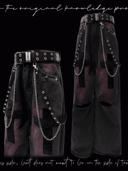 Studded Y2K Black and Purple Cross Applique Straight-Leg Jeans Distressed Holes Glamorous