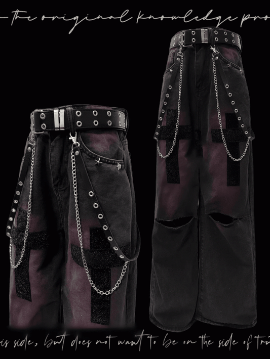 Studded Y2K Black and Purple Cross Applique Straight-Leg Jeans Distressed Holes Glamorous