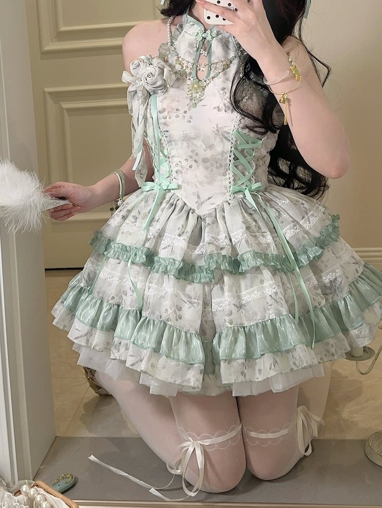 Lolita with Gentle Floral Green Halter Neck Dress Details Pattern Button Qipao-Style Lace