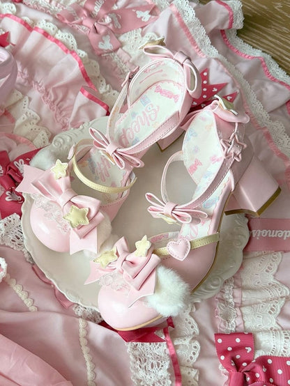 Pink Sweet Lolita Mid Heel Round Toe Shoes - Sheep Puff