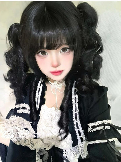 ウィッグ 48cm 前髪2本 + 黒 カール 長さあり 爪留め ポニーテール
