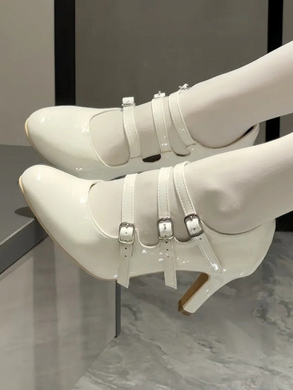 Strap Lolita White Heels Triple with Buckle Elegant Design Polished