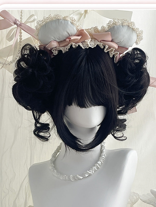 Bob Air Bangs Ponytails Wigs 22cm Two Black Curly + Claw With Cut