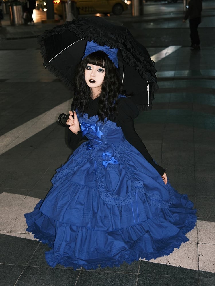Lolita Decoration with Bowknots Klein Version Blue Ruffled and Gothic Dress Long Heart-shaped JSK