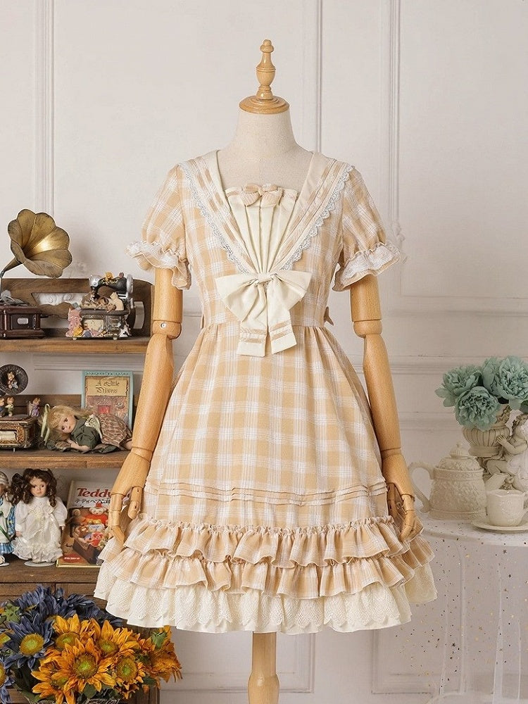 Sailor-Inspired Plaid Lolita Dress with Ruffled Sleeves - Strawberry Witch
