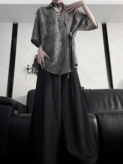 Shirt Plum Short Style Blossom Cheongsam Self-tie Print Belt Sleeve with