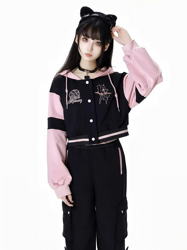 Schwarze und rosa Baseballjacke mit Kapuze, kurze/lange Version