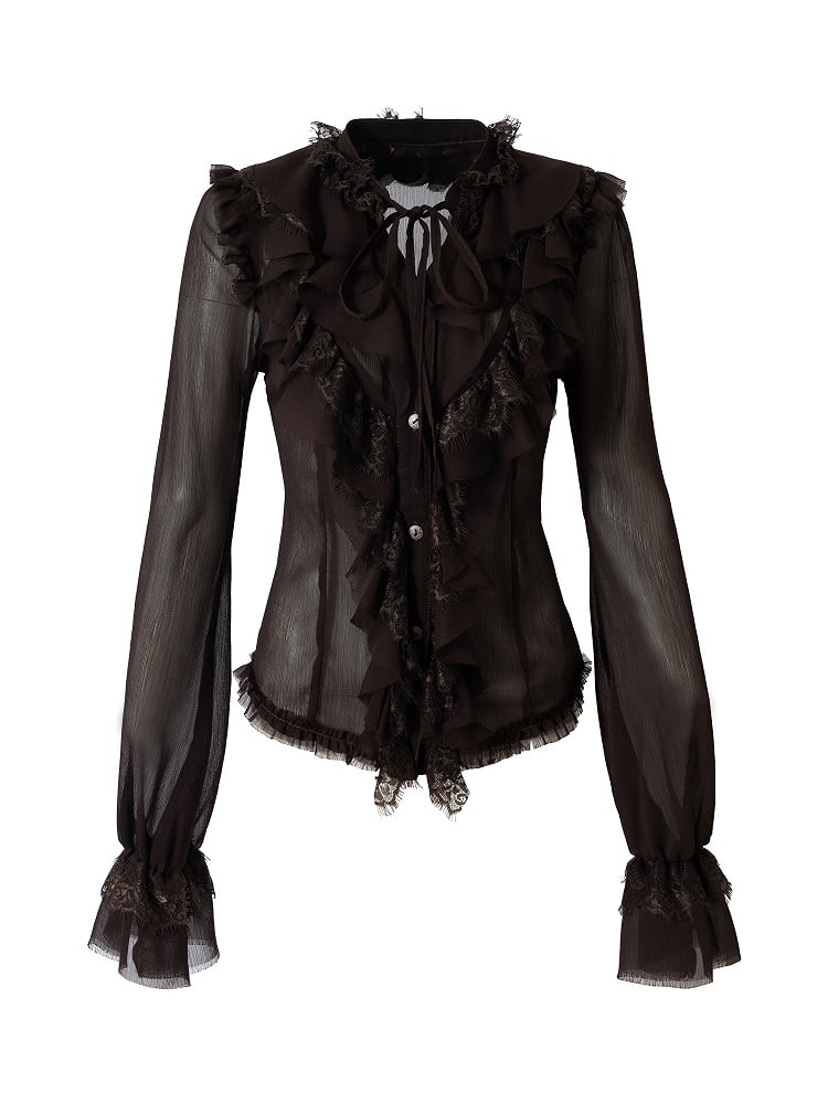 Princess Flounce Blouse Lace Button-Down Tie-Neck Front with Tiered Brown Vintage