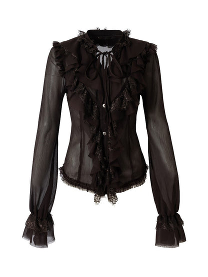Princess Flounce Blouse Lace Button-Down Tie-Neck Front with Tiered Brown Vintage