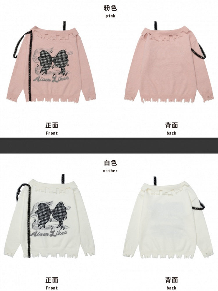 Pink/Black/White Bowknot Applique Asymmetrical Neckline Sweater Distress Trim