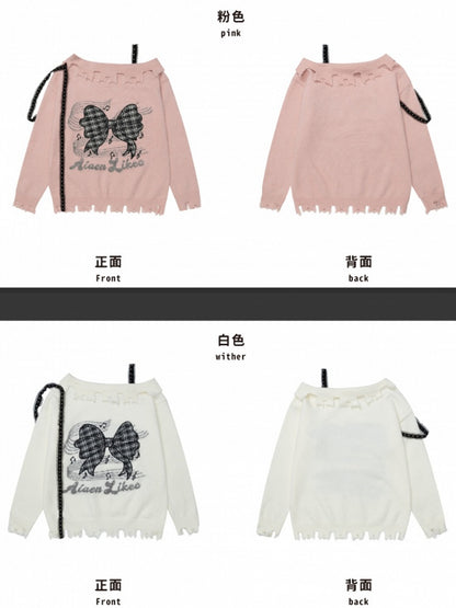 Pink/Black/White Bowknot Applique Asymmetrical Neckline Sweater Distress Trim