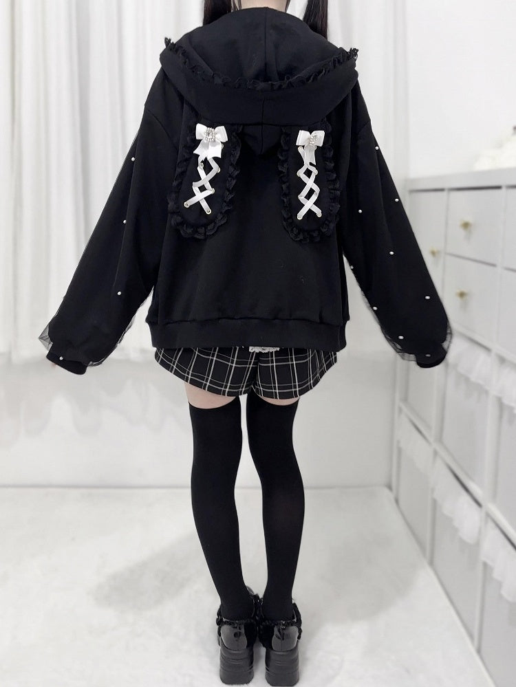 Hood Jirai Ear Kei Hoodie: Style Beaded Bunny Zip-Up Black Sleeve