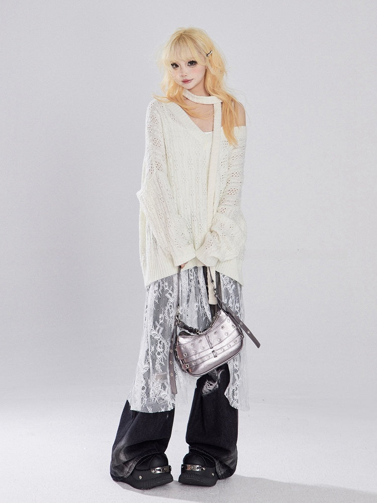 アプリコット/ブラック Vネック ホロウアウト ニットセーター