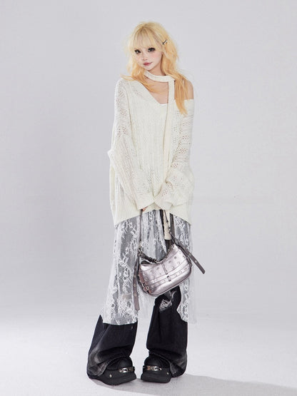 アプリコット/ブラック Vネック ホロウアウト ニットセーター