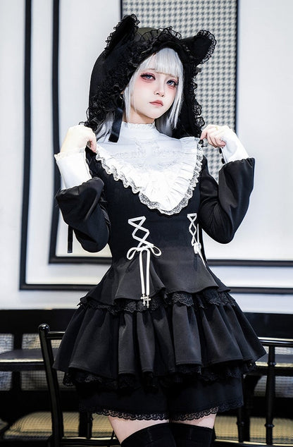 Lolita Kleid Charm Kreuz Schnürung Träger Ausschnitt Gothic Schwarz Rüschen Weiß