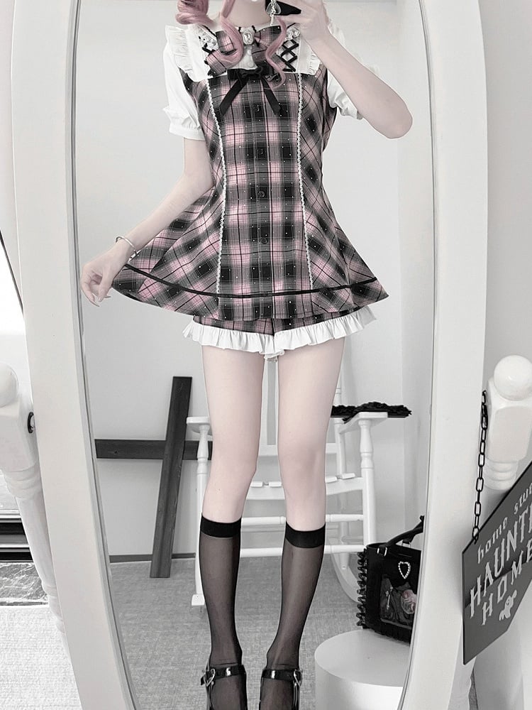 Plaid Short Sleeve Dress with Sparkle & Shorts - Bunny Rush
