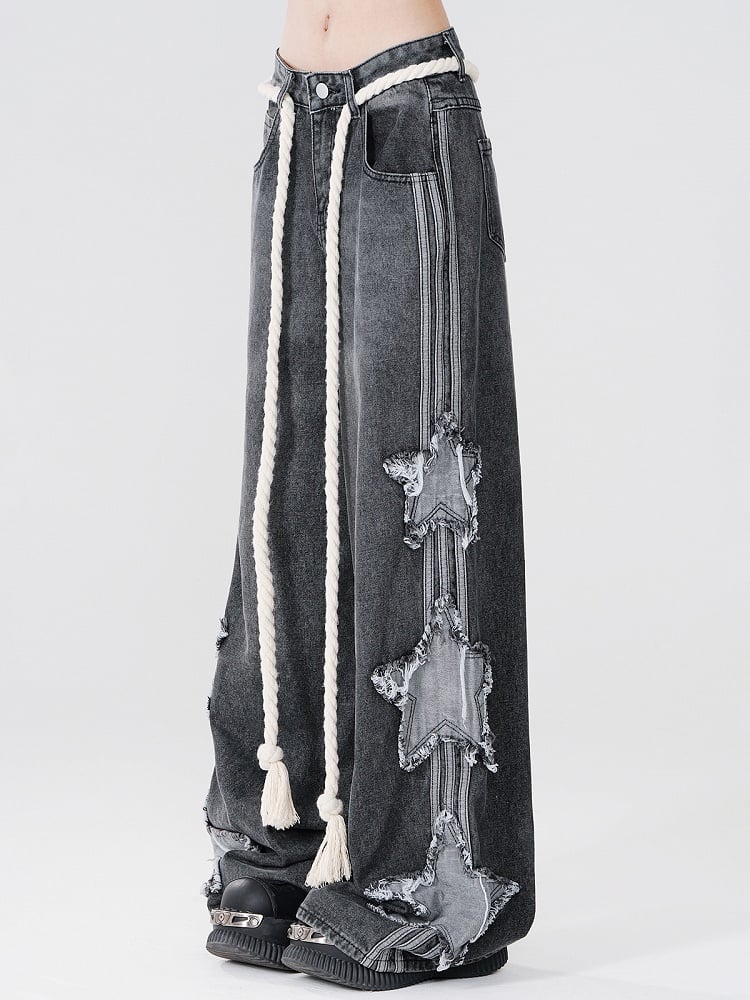 Low Grey Waist Wide-Leg Jeans with Frayed Star Patchwork