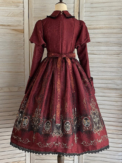 Red Dress with Lolita Wings Print Bat Gothic Candelabras Juliette Sleeves