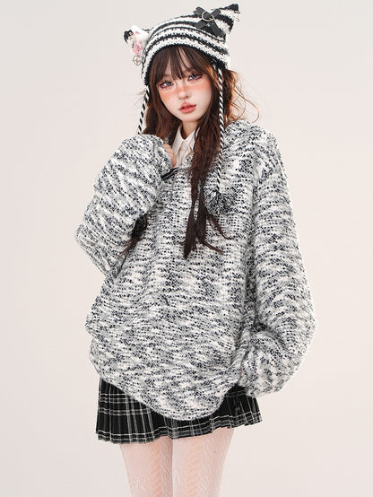 Grauer, lockerer Strick-Hoodie