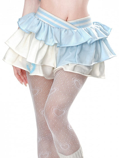 Apricot &amp; Blau Spitzbund Taille Stufenrüschen Glamouröser Minirock