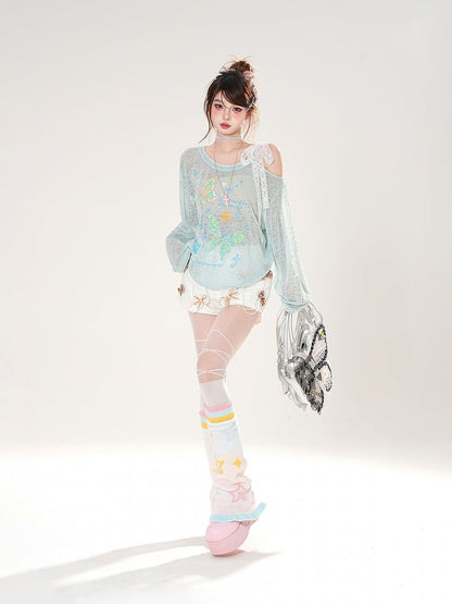 Asymmetrical Neckline Butterfly Print Apricot/Green