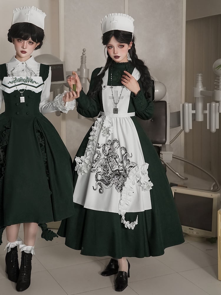 Dark Green Cthulhu Gothic Lolita OP Set – Tentacles + Apron + Nurse Hat + Necklace | With PUJI