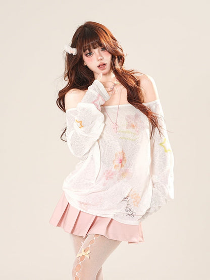 Coverup White Off-the-shoulder Neckline Floral Print Semi-sheer