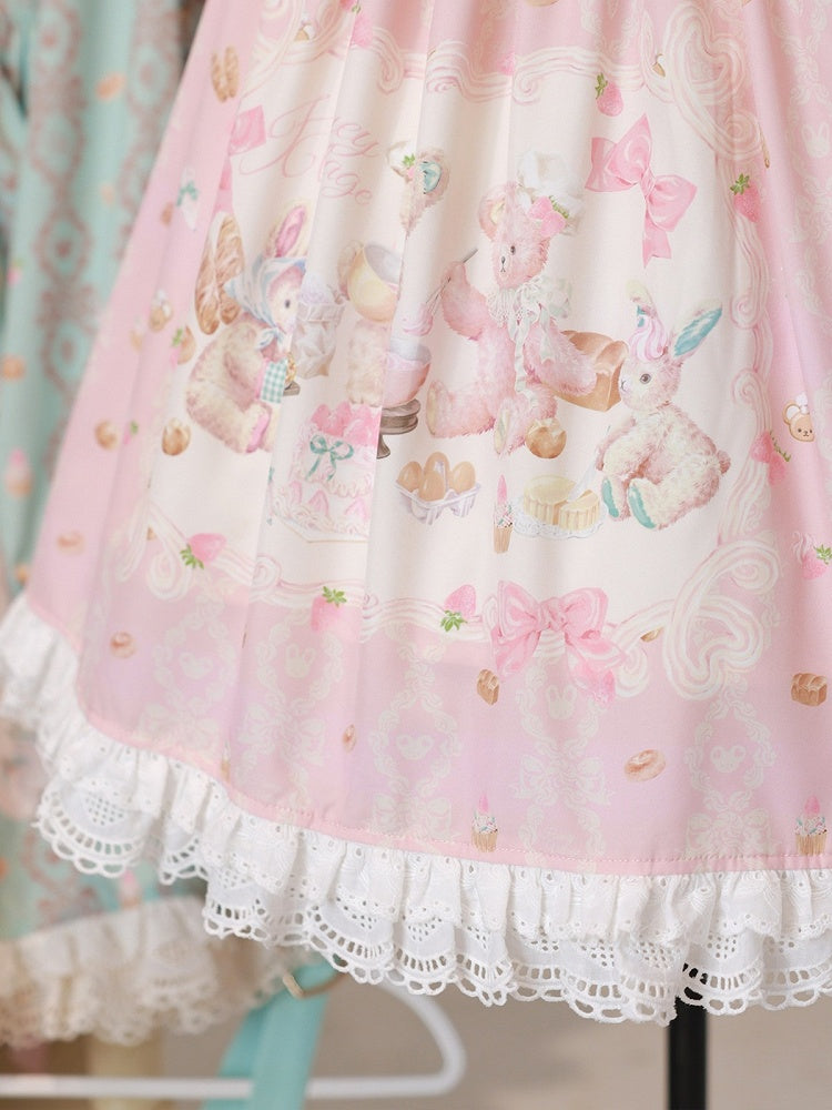 Pink Peter Pan Collar Bear & Cake Print Long-Sleeve OP Dress - Honey Village
