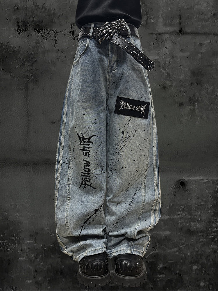 Letter Distressed Wide-leg Punk Stripes with Jeans Wasteland Pattern Light Blue
