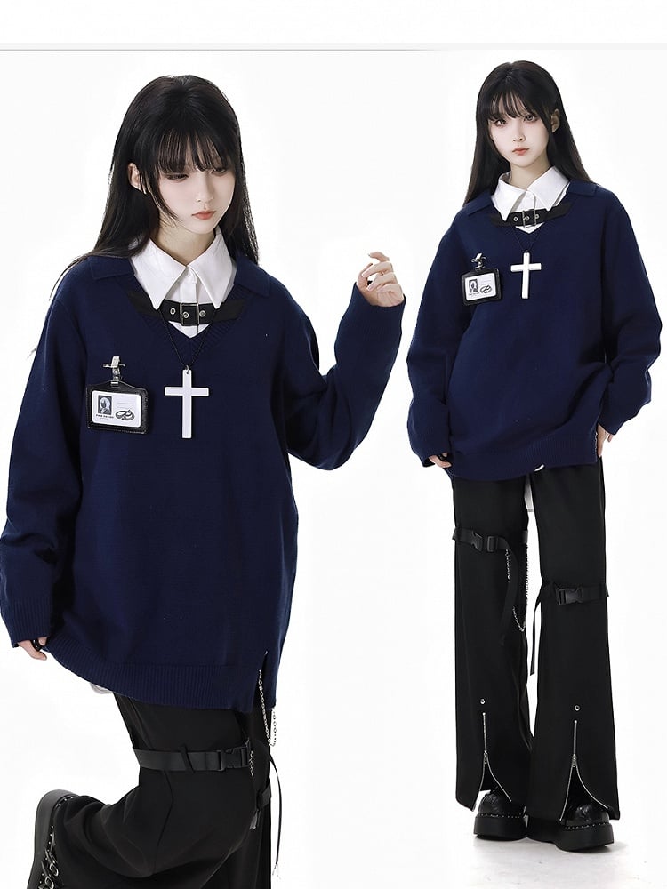 Free Holder Navy Blue V-Neck Buckle Card Strap Spring Sweater Necklace