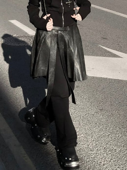 and Mini with PU Sweatpants Attached Black Thigh-High Skirt Slit