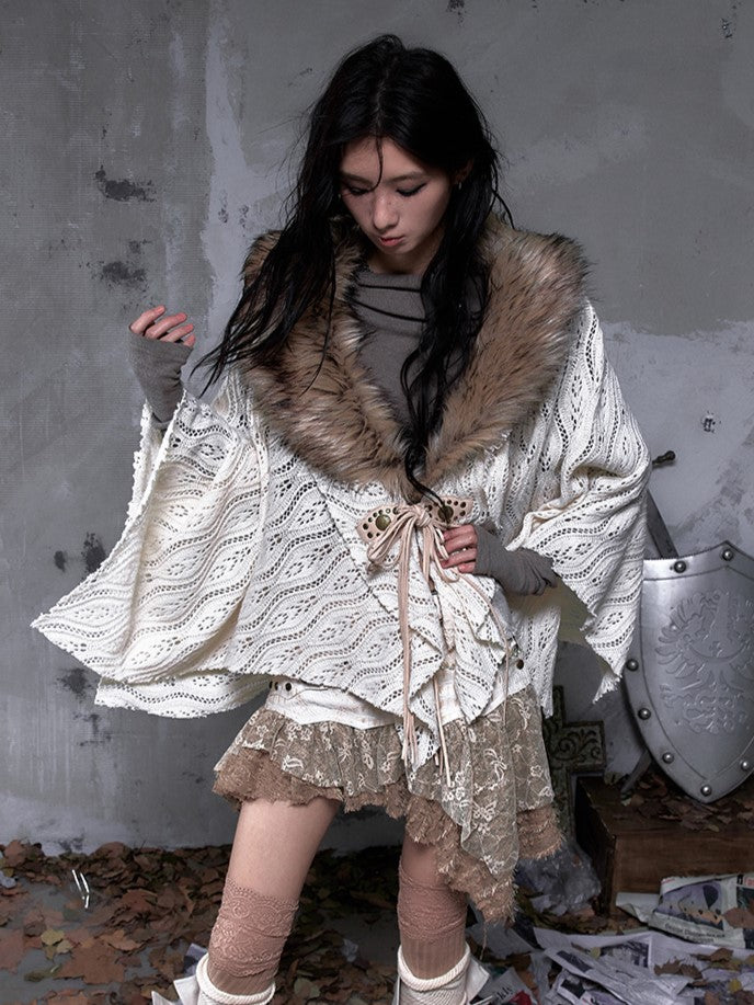 with Punk Y2K Hem Cape Collar Fur Shawl Handkerchief Knit Faux Beige Vintage