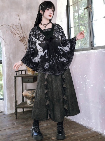 Chinese Gothic Black Cami Top with Deer Embroidery - Quirky Hut
