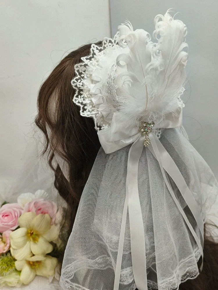 Kawaii White Feather Lolita Mini Hat with Lace Design - Ye Cheng Hair Accessory